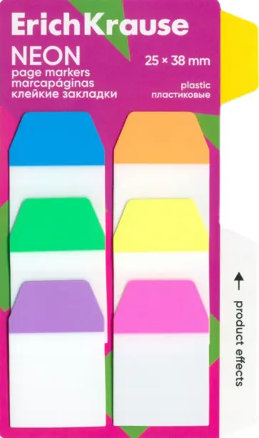 Закладки клейкие пластиковые Neon, 60 листов, 6 цветов обложка книги