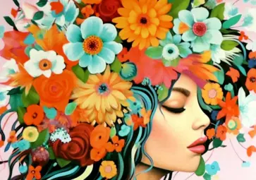 Алмазная мозаика на подрамнике Девушка в цветах, частичная выкладка обложка книги