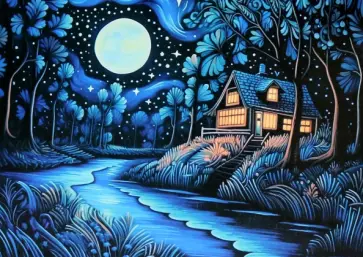 Алмазная мозаика на подрамнике Ночь в лесу, частичная выкладка обложка книги