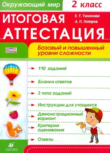 Тихонова, Петров - Окружающий мир. 2 класс. Итоговая аттестация. Базовый и повышенный уровни сложности. ФГОС Тихонова, Петров - Окружающий мир. 2 класс. Итоговая аттестация. Базовый и повышенный уровни сложности. ФГОС обложка книги