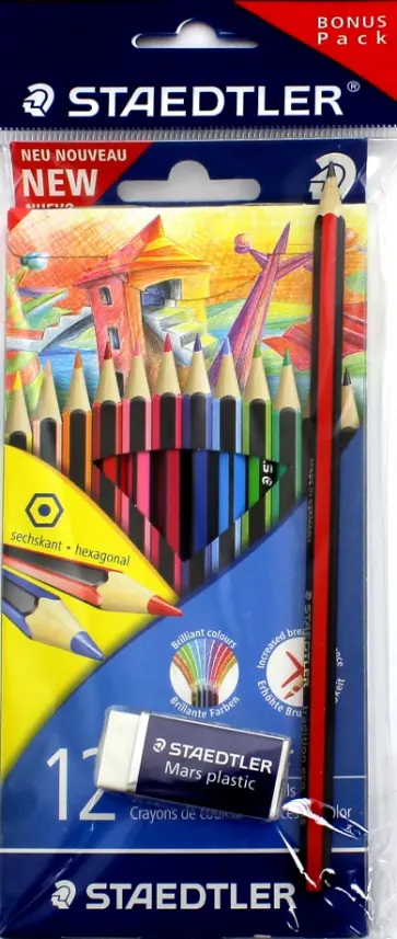 Набор цветных карандашей Wopex Staedtler, 12 цветов + чернографитный карандаш HB + ластик (185SET2) обложка книги