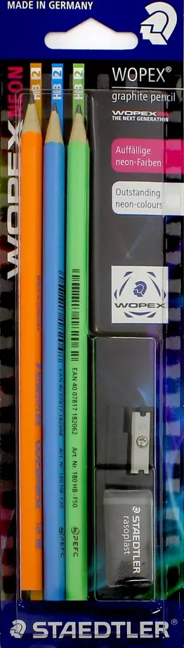Набор чернографитных карандашей Wopex Neon- 3 шт (HB2). С точилкой и ластиком (180FSBK3-2) обложка книги
