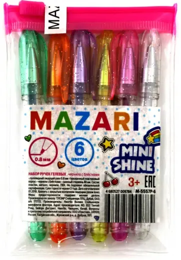 Набор ручек гелевых с блестками "MINI SHINE", 6 цветов (M-5557P-6) обложка книги