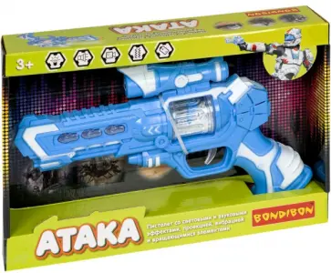 Пистолет «АТАКА», голубой, со светом, звуком, проекцией, вибрацией и вращающимися элемент. (ВВ4096) обложка книги