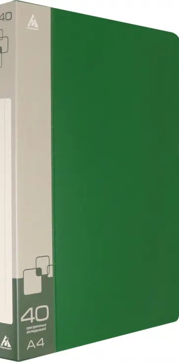 Папка с 40 прозрачными вкладышами, A4, зеленая (BPV40GRN) обложка книги