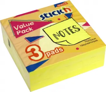 Блок для записей самоклеящийся, желтый неон, 76x76 мм, 3х100 листов (27094) обложка книги