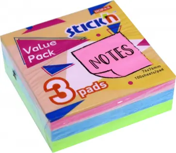 Блок для записей самоклеящийся, 3 неоновых цвета, 76x76 мм, 3х100 листов (27095) обложка книги