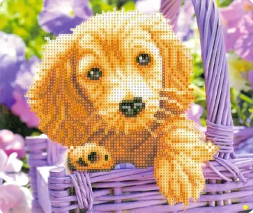 Алмазная мозаика "Щенок в корзине", с мольбертом, 21х25 см. (M-10373) обложка книги