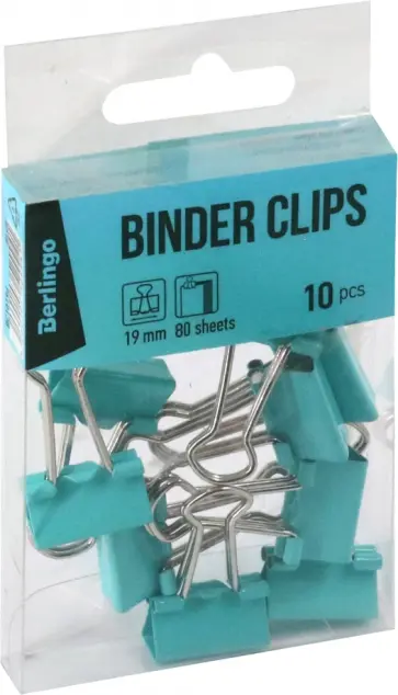 Зажимы для бумаг 19 мм, 10 штук, голубые обложка книги