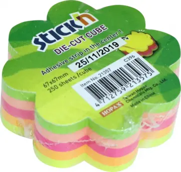 Блок для записей самоклеящийся "Цветок", 250 листов, 67x67 мм, 5 неоновых цветов (21357) обложка книги