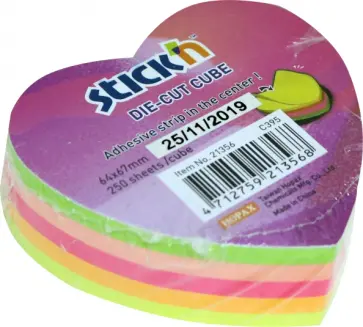 Блок для записей самоклеящийся "Сердце", 250 листов, 64x67 мм, неоновые цвета (21356) обложка книги