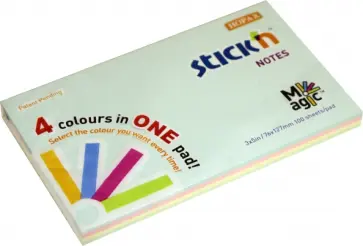 Блок для записей самоклеящийся "Magic", 76x127 мм, 100 листов, 4 пастельных цвета (21576BN) обложка книги