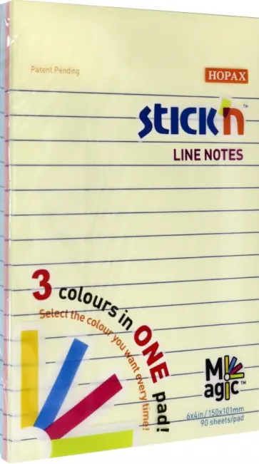 Блок для записей самоклеящийся Magic, 90 листов, 3 цвета, линия обложка книги