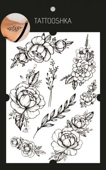Тату временное большое Пионы с веточками обложка книги