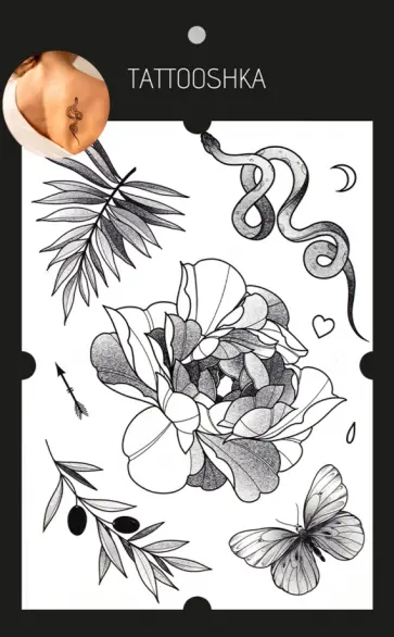 Тату временное большое Цветок, веточки, змея обложка книги