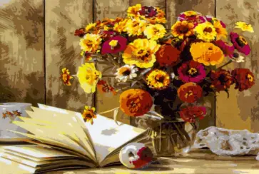 Холст с красками для рисования по номерам. Яркий букет и книга обложка книги