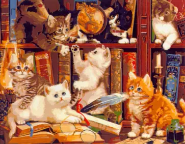 Холст с красками для рисования по номерам. Игривые котята в библиотеке обложка книги