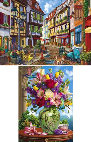 Алмазная раскраска 2в1. Европейская улочка. Букет в красивой вазе обложка книги