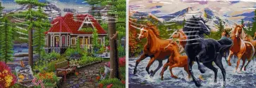 Алмазная раскраска 2в1. Лошади в горах. Красивый дом в лесу обложка книги