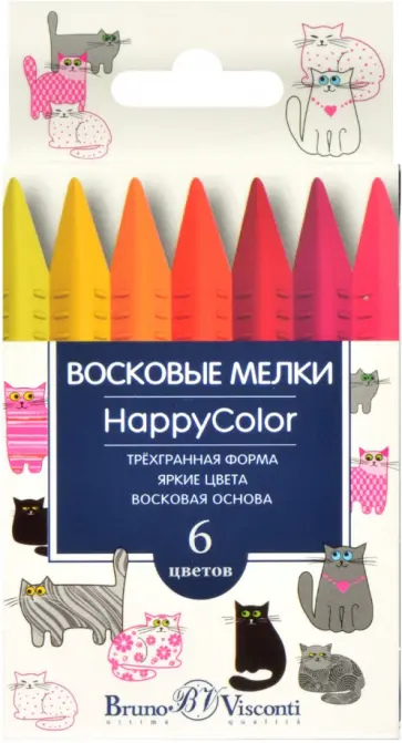 Мелки восковые HappyColor, 6 цветов, трехгранные, в ассортименте обложка книги