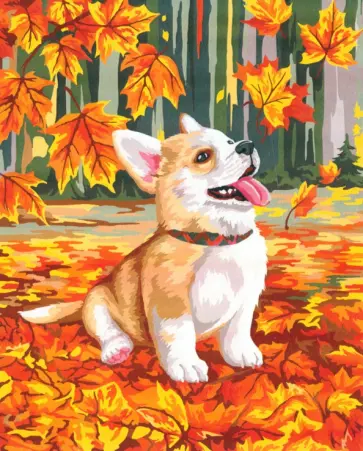 Картина по номерам на холсте с подрамником Корги в осенней листве обложка книги