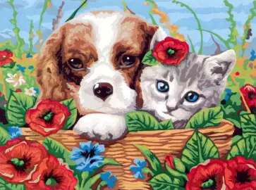 Картина по номерам на холсте с подрамником. Котенок и щенок обложка книги