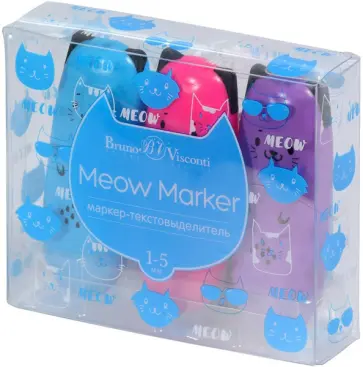 Набор текстовыделителей Meow Marker, 3 штуки, неоновый фиолетовый, розовый, голубой обложка книги