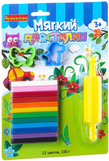 Мягкий пластилин с формочкой и скалкой, 12 цветов обложка книги