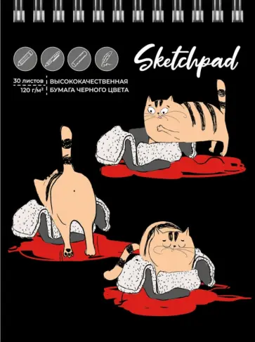 Скетчпад Кот-непоседа, 30 листов, черная бумага обложка книги