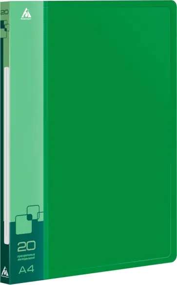 Папка с 20 прозрачными вкладышами, A4, зеленая обложка книги
