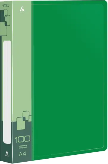 Папка с 100 прозрачными вкладышами, A4, зеленая обложка книги