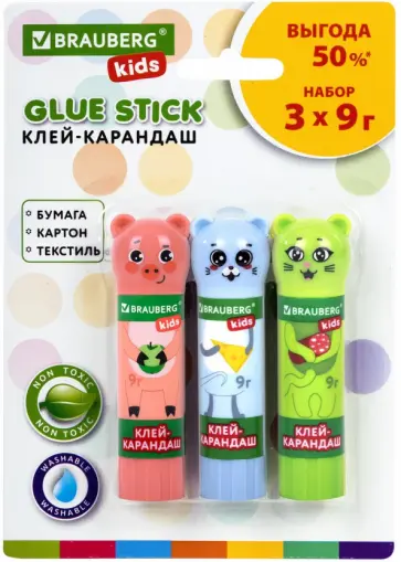 Клей-карандаш Зверята. Хрюшка, тигр, панда, 9 гр, 3 штуки обложка книги