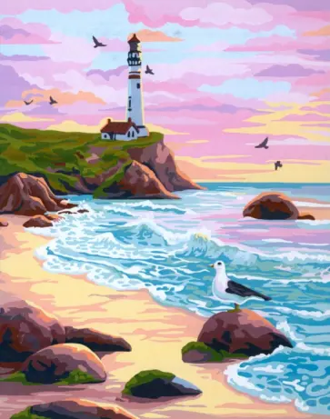 Картина по номерам на холсте Маяк на закате обложка книги